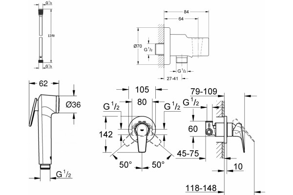 Гигиенический душ Grohe BauCurve 124900 со смесителем хром,  в современном стиле