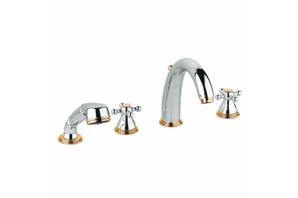 Смеситель для ванны Grohe Sinfonia с душевым гарнитуром, высокий излив на борт ванны, двухвентильный, хром/золото