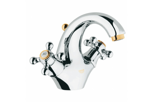 Смеситель для раковины Grohe Sinfonia с донным клапаном, вынос 130 мм, двухвентильный, хром/золото
