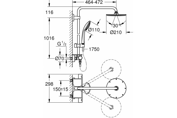 Душевая стойка Grohe Euphoria 210 26363000 с термостатом, хром, штанга 103.2 см