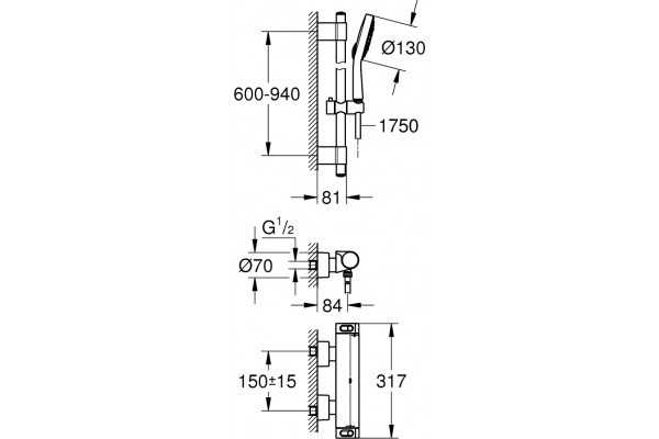 Душевой комплект Grohe Grohtherm 2000 34482001 смеситель + душевой гарнитур хром,  в стиле hi-tech
