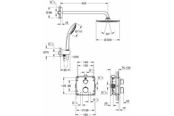 Душевой комплект Grohe Grohtherm 34734000 с термостатом, хром, шланг 125 см