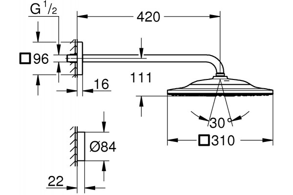 Верхний душ Grohe Rainshower 310 SmartConnect 26642000 с пультом дистанционного управления, хром,  в современном стиле