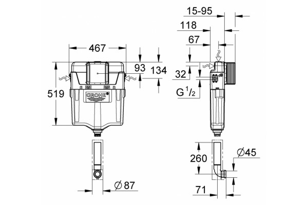 Смывной бачок скрытого монтажа Grohe GD2  цвет белый, объем 6/9 л, 46.7x21.3x77.9 см