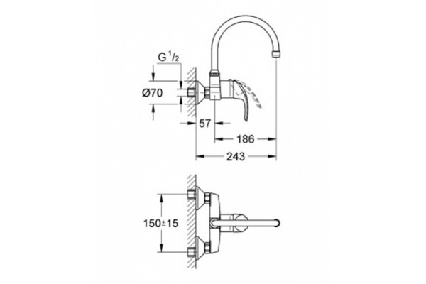 Смеситель для кухонной мойки Grohe Eurosmart, настенный с высоким изливом, однорычажный, хром
