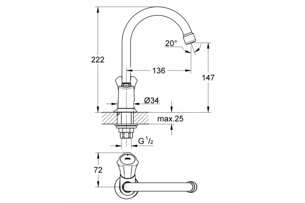 Вентиль для раковины GROHE Costa L (без смешивания) двухвентильный, хром