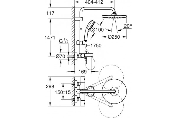 Душевая стойка Grohe Tempesta Cosmopolitan System 250 26672000 с термостатом, хром, штанга 162.3 см
