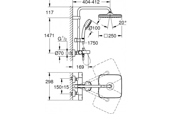 Душевая стойка Grohe Tempesta Cosmopolitan System 250 26691000 с термостатом, хром, штанга 162.3 см