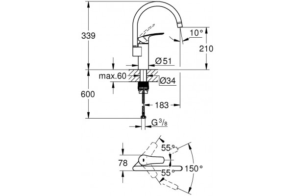 Смеситель Grohe Eurosmart 33202003 для кухонной мойки однорычажный, хром