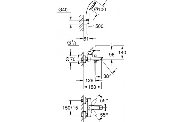 Смеситель Grohe Eurosmart 33302003 для ванны с душем, однорычажный, хром