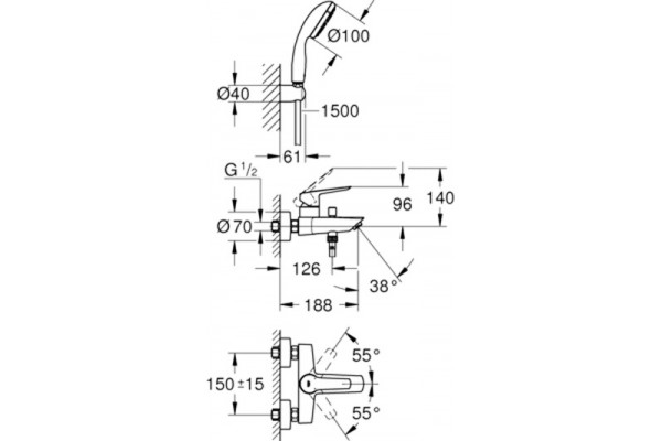 Смеситель Grohe Start 23413002 для ванны с душем, хром, однорычажный, длина излива 18.8 см