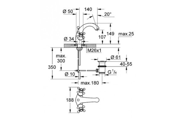 Смеситель для раковины Grohe Sinfonia с донным клапаном, вынос 130 мм, двухвентильный, хром/золото