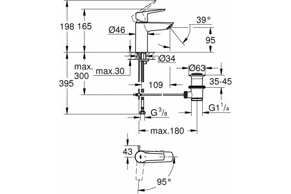 Смеситель Grohe Start 31137002 рычажный донный клапан, для раковины, хром, высота излива 9.5 см