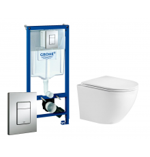 Комплект 3 в 1 инсталляция Grohe Rapid SL + унитаз WeltWasser Merzbach 041 GL-WT + кнопка хром в современном стиле