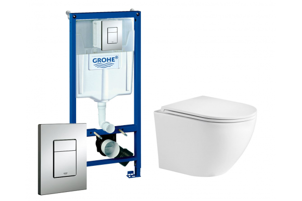 Комплект 3 в 1 инсталляция Grohe Rapid SL + унитаз WeltWasser Merzbach 041 GL-WT + кнопка хром в современном стиле