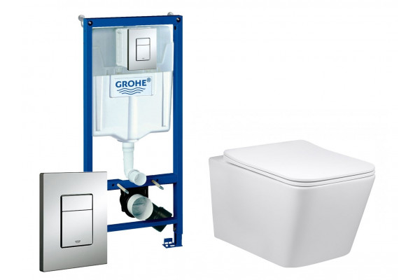 Комплект 3 в 1 инсталляция Grohe Rapid SL + Унитаз подвесной Vincea Q-Line + кнопка хром в современном стиле