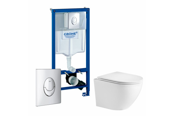 Комплект 3 в 1 инсталляция Grohe Rapid SL + Подвесной унитаз WeltWasser Merzbach 041 GL-WT + кнопка Skate Air в современном стиле