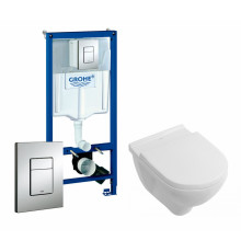 Комплект 3 в 1 инсталляция Grohe Rapid SL + Унитаз подвесной Villeroy & Boch O Novo Directflush + кнопка хром в современном стиле