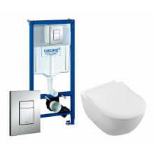 Комплект 3 в 1 инсталляция Grohe Rapid SL + Унитаз подвесной Villeroy & Boch Subway 2.0 5614R201 + кнопка хром в современном стиле