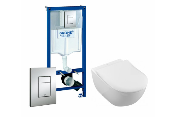 Комплект 3 в 1 инсталляция Grohe Rapid SL + Унитаз подвесной Villeroy & Boch Subway 2.0 5614R201 + кнопка хром в современном стиле