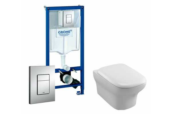 Комплект 3 в 1 инсталляция Grohe Rapid SL + Унитаз подвесной Jacob Delafon Vox EDM102-00 + кнопка хром в современном стиле