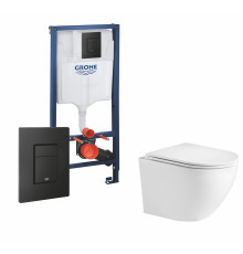 Комплект 3 в 1 инсталляция Grohe Rapid SL + Подвесной унитаз WeltWasser Merzbach 041 GL-WT + кнопка черная в современном стиле