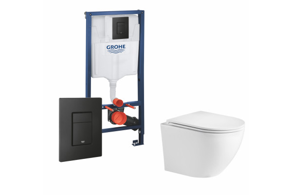 Комплект 3 в 1 инсталляция Grohe Rapid SL + Подвесной унитаз WeltWasser Merzbach 041 GL-WT + кнопка черная в современном стиле