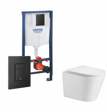 Комплект 3 в 1 инсталляция Grohe Rapid SL + Подвесной унитаз WeltWasser Salzbach 004 GL-WT + кнопка черная в современном стиле