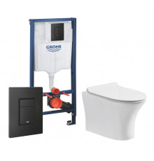 Комплект 3 в 1 инсталляция Grohe Rapid SL + Подвесной безободковый унитаз Cerutti Spa Bernina aria CT7191 + кнопка черная в современном стиле