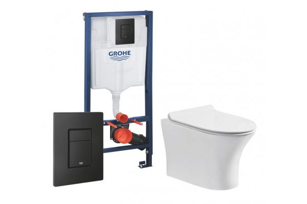 Комплект 3 в 1 инсталляция Grohe Rapid SL + Подвесной безободковый унитаз Cerutti Spa Bernina aria CT7191 + кнопка черная в современном стиле