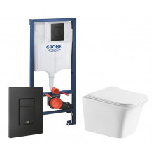Комплект 3 в 1 инсталляция Grohe Rapid SL + Подвесной унитаз Cerutti Spa Arno Aria CT7839 + кнопка черная в современном стиле