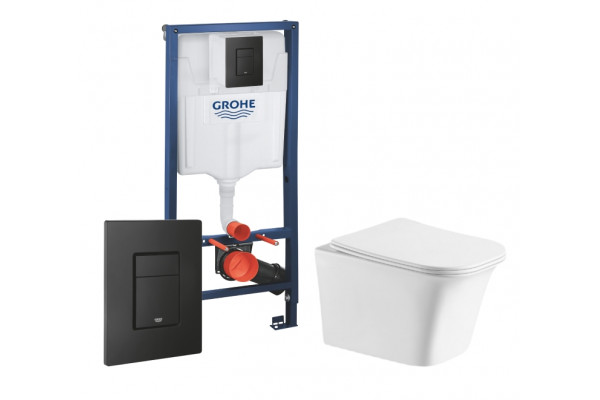 Комплект 3 в 1 инсталляция Grohe Rapid SL + Подвесной унитаз Cerutti Spa Arno Aria CT7839 + кнопка черная в современном стиле