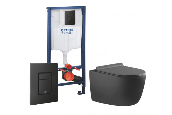 Комплект 3 в 1 инсталляция Grohe Rapid SL + Унитаз подвесной Aquanet Cetus-GW 287009 + кнопка черная в современном стиле