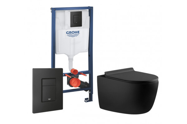 Комплект 3 в 1 инсталляция Grohe Rapid SL + Унитаз подвесной Aquanet Cetus 287008 + кнопка черная в современном стиле