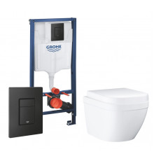 Комплект 3 в 1 инсталляция Grohe Rapid SL + Унитаз подвесной Grohe Euro Ceramic 39206000 + кнопка черная в современном стиле