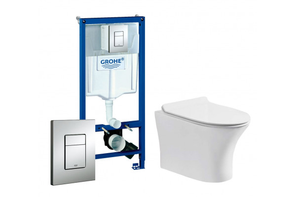 Комплект 3 в 1 инсталляция Grohe Rapid SL + Подвесной безободковый унитаз Cerutti Spa Bernina aria CT7191 + кнопка хром в современном стиле