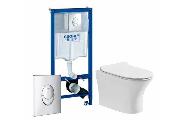 Комплект 3 в 1 инсталляция Grohe Rapid SL + Подвесной безободковый унитаз Cerutti Spa Bernina aria CT7191 + кнопка хром в современном стиле