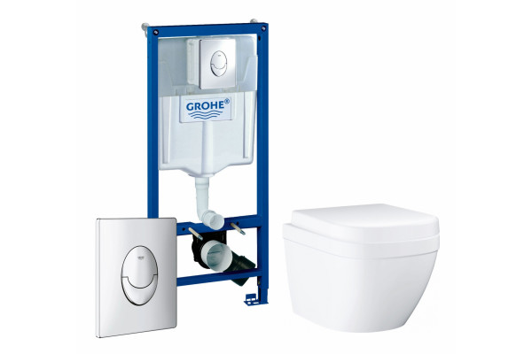 Комплект 3 в 1 инсталляция Grohe Rapid SL + Унитаз подвесной Grohe Euro Ceramic 39206000 + кнопка хром в современном стиле
