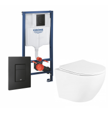 Комплект 3 в 1 инсталляция Grohe Rapid SL + Унитаз подвесной BelBagno Uno + кнопка черная в современном стиле