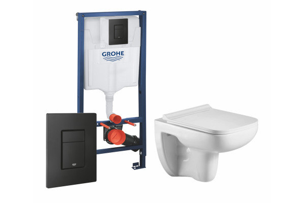 Комплект 3 в 1 инсталляция Grohe Rapid SL + Подвесной унитаз WeltWasser Kehlbach 004 GL-WT + черная кнопка в современном стиле