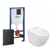 Комплект 3 в 1 инсталляция Grohe Rapid SL + Подвесной унитаз WeltWasser Heimbach 004 GL-WT + черная кнопка в современном стиле