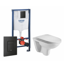 Комплект 3 в 1 инсталляция Grohe Rapid SL + Подвесной унитаз WeltWasser Baarbach 004 GL-WT + черная кнопка в современном стиле