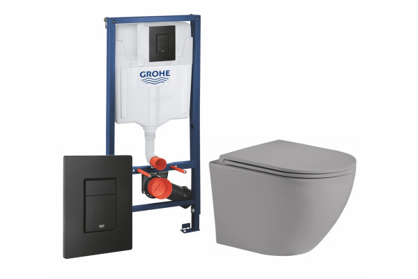 Комплект 3 в 1 инсталляция Grohe Rapid SL + Унитаз подвесной Weltwasser WW Merzbach 004MT-GR + черная кнопка в современном стиле