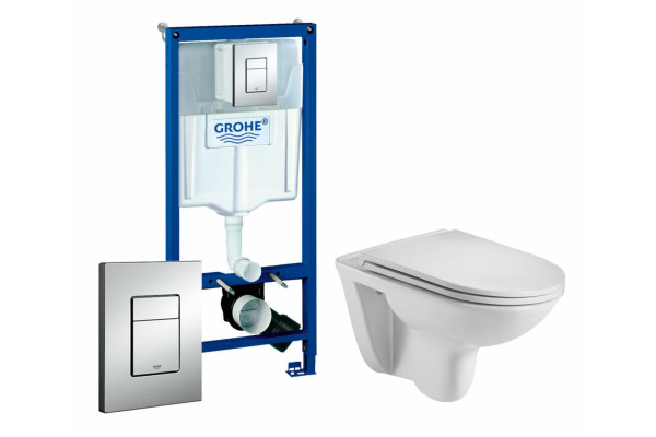 Комплект 3 в 1 инсталляция Grohe Rapid SL + Подвесной унитаз WeltWasser Baarbach 004 GL-WT + кнопка хром в современном стиле