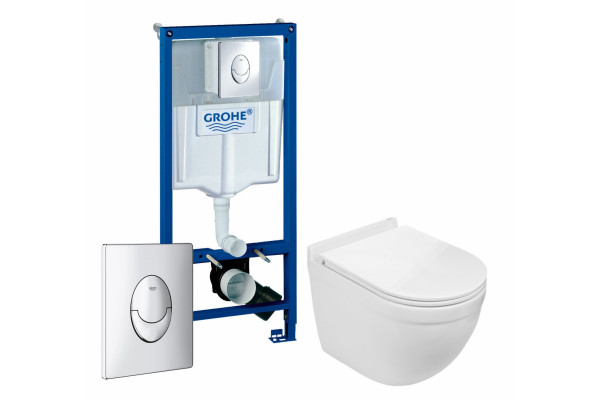 Комплект 3 в 1 инсталляция Grohe Rapid SL + Подвесной унитаз WeltWasser Heimbach 004 GL-WT + кнопка хром в современном стиле