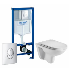 Комплект 3 в 1 инсталляция Grohe Rapid SL + Подвесной унитаз WeltWasser Baarbach 004 GL-WT + кнопка хром в современном стиле