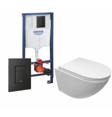 Комплект 3 в 1 инсталляция Grohe Rapid SL + Унитаз подвесной Cerutti Spa Sella aria CT7183 + кнопка черная в современном стиле