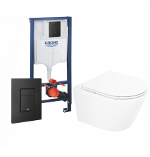 Комплект 3 в 1 инсталляция Grohe Rapid SL + Унитаз подвесной BelBagno Tre BB8001CHR/SC + кнопка черная в современном стиле