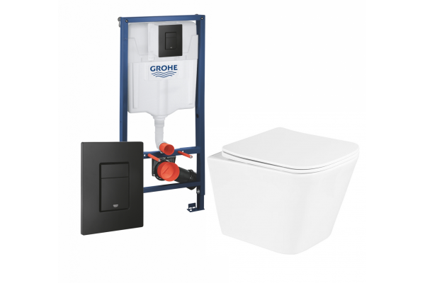 Комплект 3 в 1 инсталляция Grohe Rapid SL + Унитаз подвесной BelBagno Due BB3103CHR/SC + кнопка черная в современном стиле