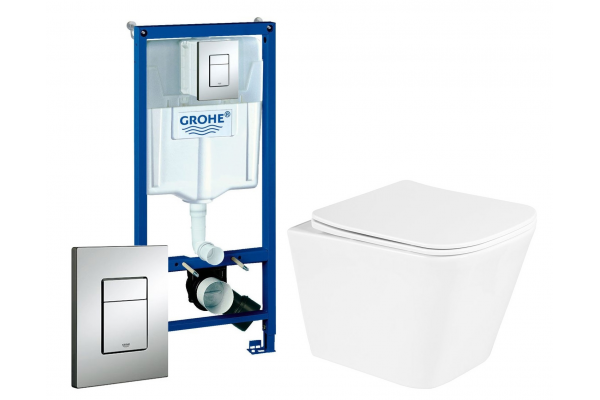Комплект 3 в 1 инсталляция Grohe Rapid SL + Унитаз подвесной BelBagno Due BB3103CHR/SC + кнопка хром в современном стиле